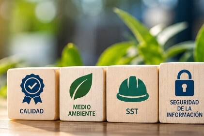 Compromiso con la calidad, medio ambiente, SST y seguridad de la información Cubos de madera con los iconos de Calidad, Medio Ambiente, SST y Seguridad de la Información