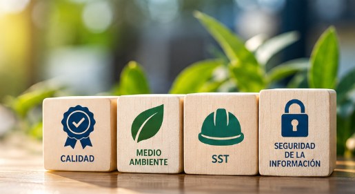 Compromiso con la calidad, medio ambiente, SST y seguridad de la información Cubos de madera con los iconos de Calidad, Medio Ambiente, SST y Seguridad de la Información